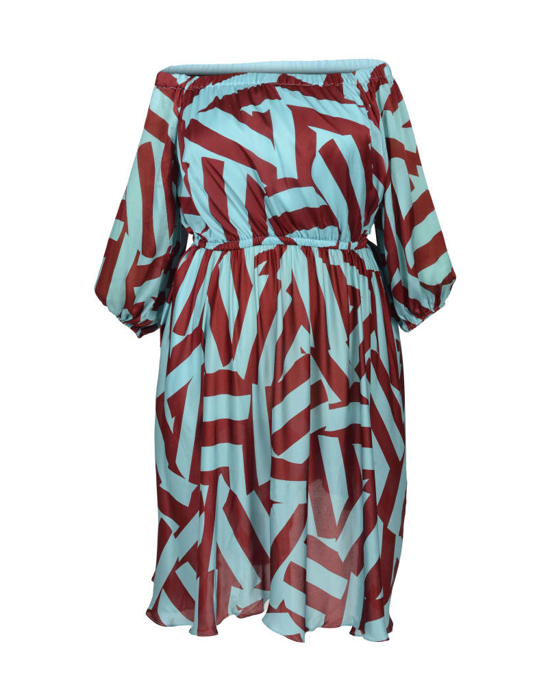 Front of a size S Edwina Midi Off Shoulder Dress in Circle Stripes by MAYES NYC. | dia_product_style_image_id:248335